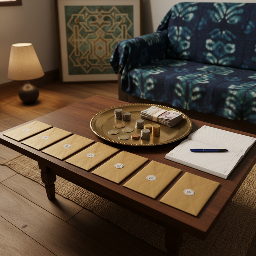 A low wooden table in a modest Nigerian living room holds a carefully arranged set of sealed envelopes, a simple open ledger with blank lines, and a traditional brass tray filled with assorted coins and neatly stacked banknotes, suggesting organized zakat and sadaqah collection. The room features woven mats on the floor, a patterned fabric draped over a small sofa, and a framed abstract geometric artwork on the wall hinting at Islamic motifs without text. Warm, diffused indoor lighting from a shaded lamp creates soft highlights on the brass tray and gentle shadows around the objects. Photographic realism with a close-up, slightly angled composition builds an atmosphere of trust, accountability, and compassion in charitable giving.