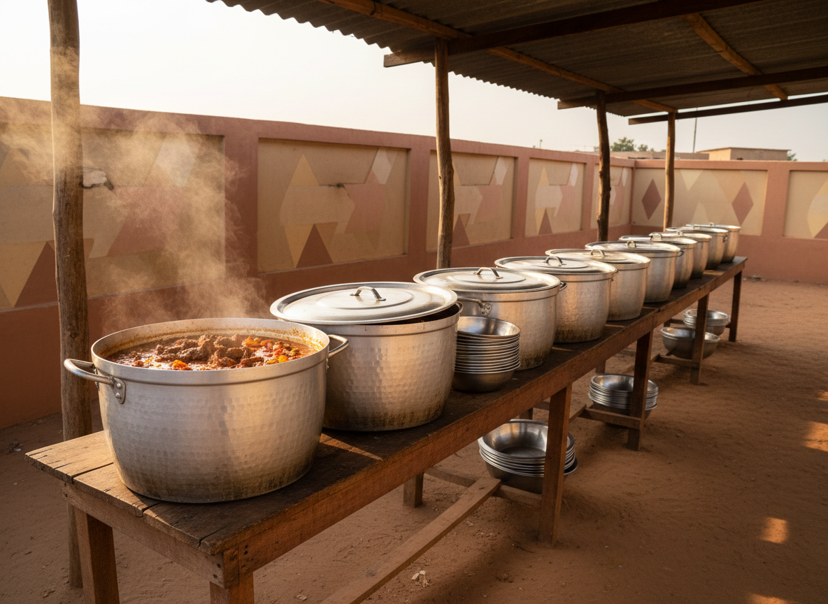 Several large metal cooking pots, polished from frequent use, line a long, sturdy outdoor table under a simple corrugated metal shelter in an Islamic charitable kitchen in Nigeria. Steam rises gently from one open pot filled with richly colored stew, while covered pots and neatly stacked serving bowls wait beside it. The earthen ground is swept, and in the background a painted wall in soft earth tones features abstract patterns instead of text or logos. Late-morning natural light enters from the side, highlighting the sheen on the metal and creating soft, inviting shadows. Captured in photographic realism with a slightly wide angle, the composition feels organized, warm, and generous, suggesting community feeding programs without depicting any people.