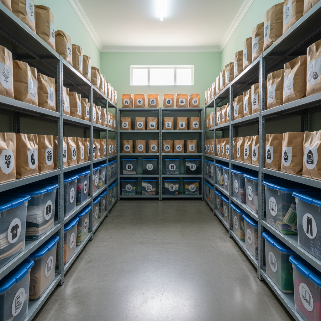 A carefully organized storeroom with metal shelving holds neatly arranged bags of rice, beans, and other staple foods in plain packaging, along with folded clothing and simple school supplies in labeled plastic bins that use icons instead of text. The walls are painted a calming soft mint green, and the concrete floor is clean and polished. Overhead fluorescent lights blend with a bit of natural light from a high window, creating bright, even illumination with minimal shadows. Photographic realism with a centered, symmetrical composition conveys efficiency, transparency, and trustworthiness in the charity’s operations, evoking a professional, well-managed Islamic foundation serving the less privileged in Nigeria without any human presence.