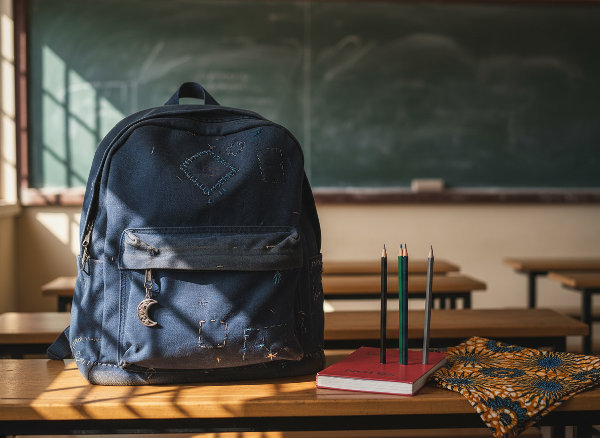 A well-worn but carefully repaired school backpack, in rich navy fabric with reinforced seams and a small crescent-shaped keychain charm, rests on a smooth wooden desk in a modest Nigerian classroom. On the desk sit a few sharpened pencils, a closed exercise book, and a neatly folded piece of patterned Ankara cloth. Sunlight streams through slatted windows, creating bands of warm light and shadow across the desk surface and the backpack’s textured fabric. The background shows an empty chalkboard and simple benches, softly out of focus. Photographic realism, eye-level framing, and a shallow depth of field emphasize opportunity, education, and dignity for orphans and vulnerable children without showing any human figures.